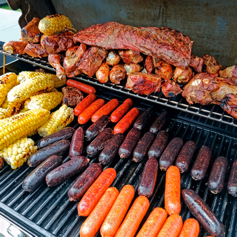Parrilla cargada con costillas, chorizos, morcilla, lomo de res y mazorcas