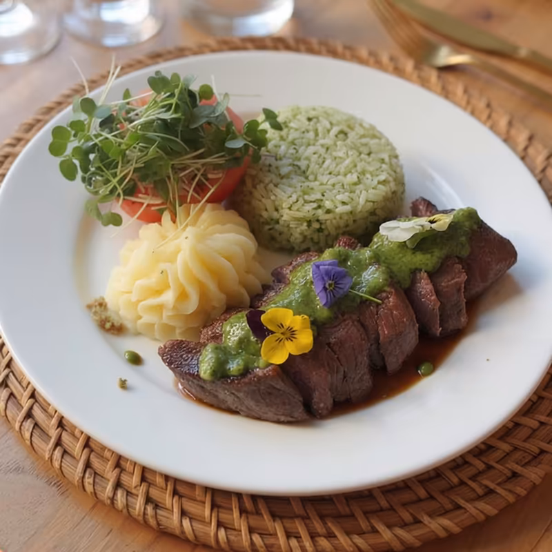 Medallones de lomo de res con salsa verde, arroz y puré, decorados con flores comestibles