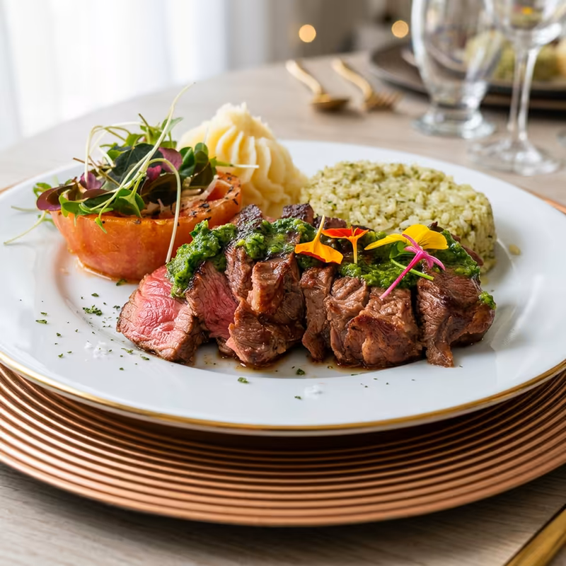 Medallones de res con chimichurri y arroz verde servidos sobre un bajoplato dorado