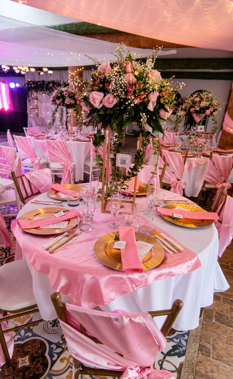 Centro de mesa alto de rosas rosadas sobre una mesa vestida de rosa con bajoplatos dorados