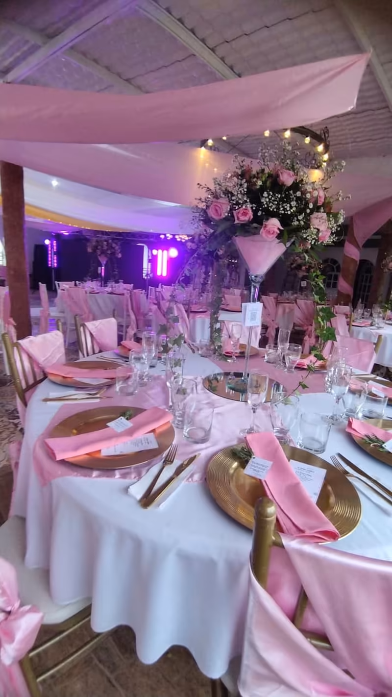 Vista del salón con las telas colgadas, los centros florales y las luces de color