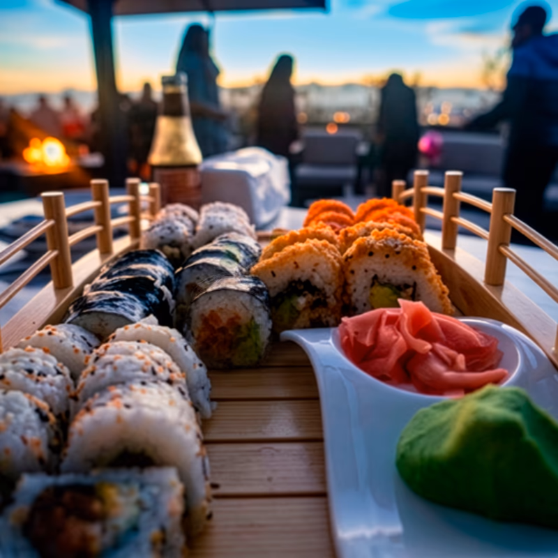 Sushi sobre puente de madera Sushi presentado sobre un puente de madera, con el atardecer al fondo