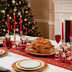 Foto de mesa con un pavo en el centro